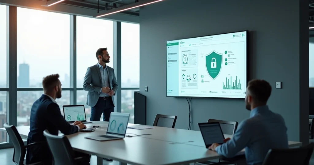 Equipe contábil em escritório moderno com consultor de TI configurando painel de segurança em tela grande