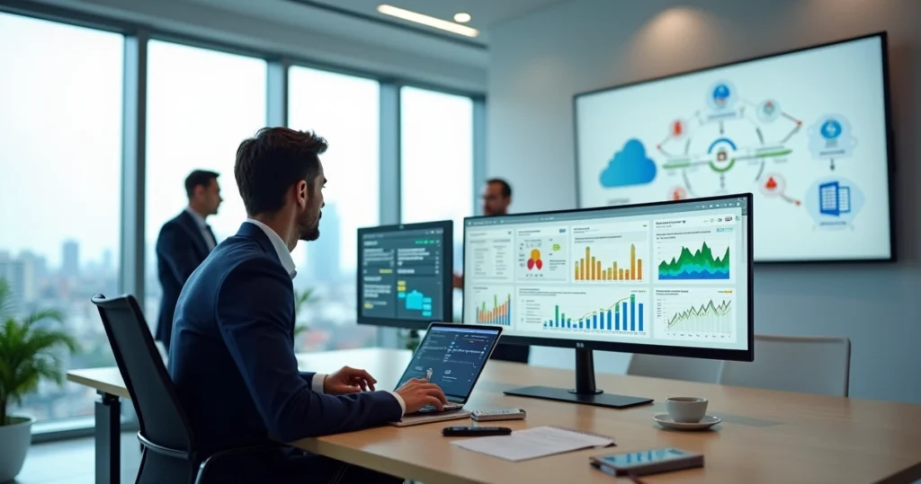 Equipe contábil analisando dashboards de auditoria em múltiplas telas integradas