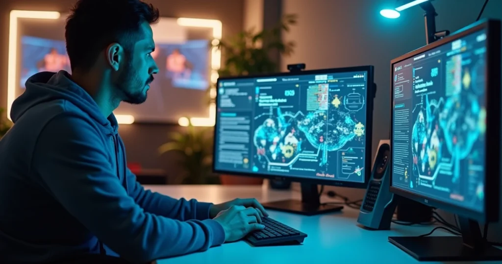 Equipe remota colaborando de forma segura com computadores e videoconferência em ambiente moderno