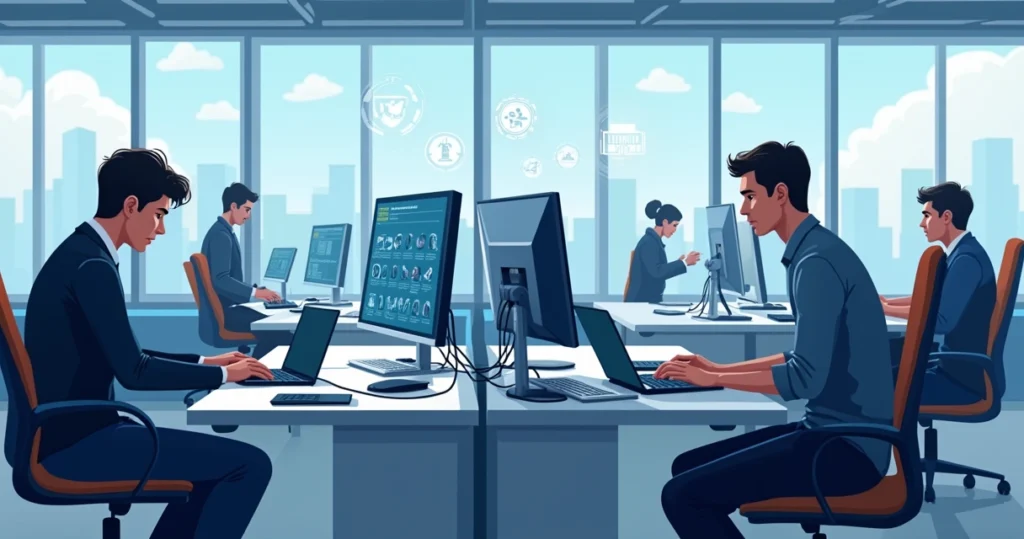 Profissionais de TI configurando equipamentos para trabalho híbrido em escritório moderno