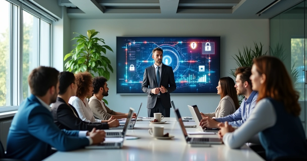 Equipe de colaboradores em escritório moderno participando de treinamento de segurança de TI com profissional apresentando dados em tela digital