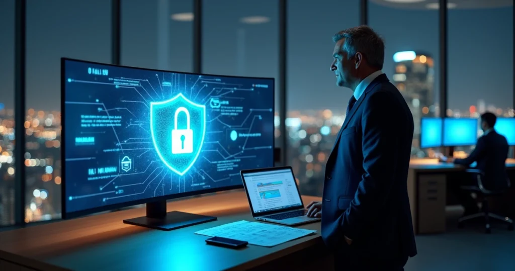 Gestor observando painel de segurança em escritório de contabilidade com VPN ativa