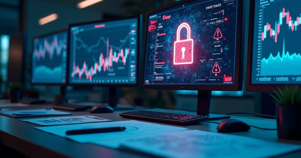 Computadores com gráficos de segurança digital, cadeado aberto e símbolos de alerta em fundo escuro