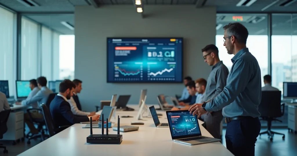 Gestor em escritório contábil analisando problemas de Wi-Fi nos computadores